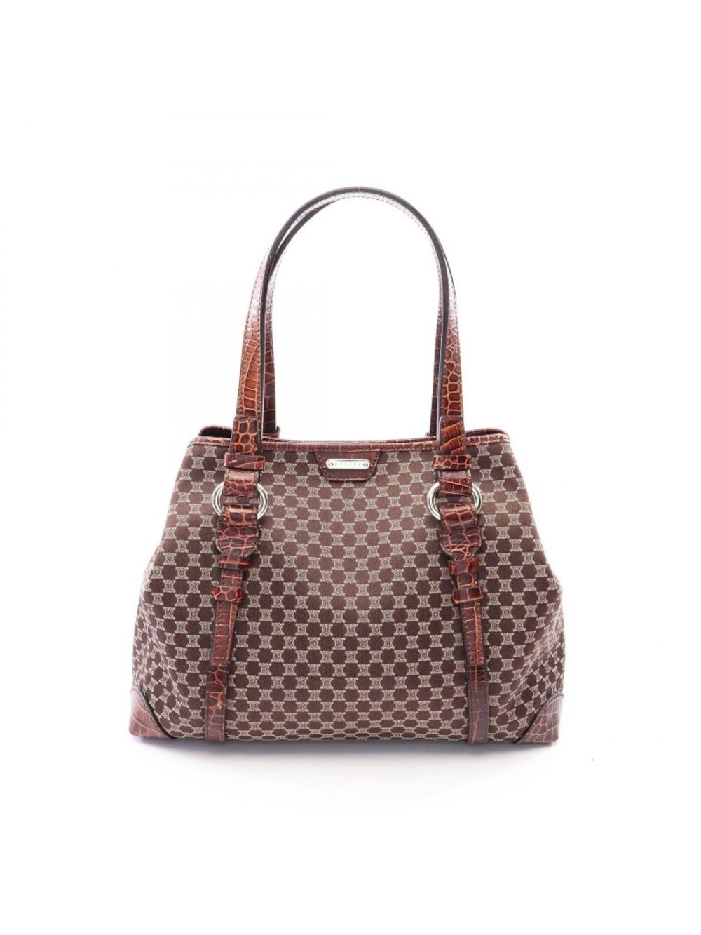Celine Tote Macadam Croco Embossed Dark Brown Beige Canvas Leather
